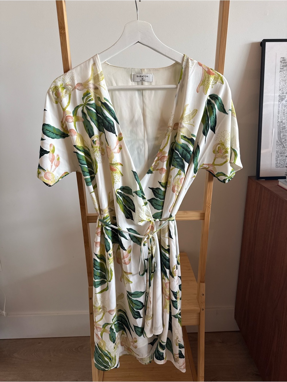 Babaton Cream Floral Wrap Dress with Green Leaf Print